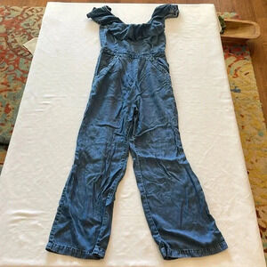 Amour Vert XS Ruffle Neck jumpsuit Chambray denim Side Pockets Back Zip No Belt‎